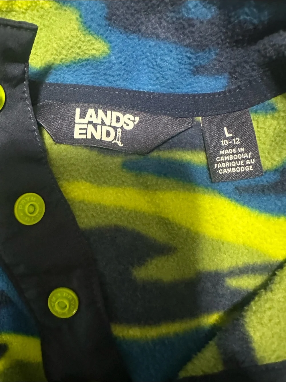 Lands' End Boys Large 10-12 Neon Green & Blue Camo Fleece Snap Pullover